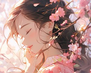 Preview wallpaper girl, sakura, flowers, petals, art, tenderness