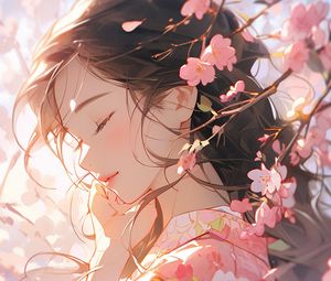 Preview wallpaper girl, sakura, flowers, petals, art, tenderness
