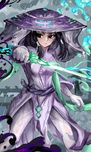 Preview wallpaper girl, samurai, sword, rain, anime, art