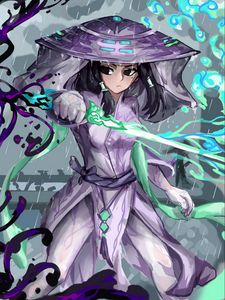 Preview wallpaper girl, samurai, sword, rain, anime, art