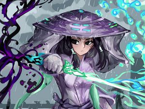 Preview wallpaper girl, samurai, sword, rain, anime, art