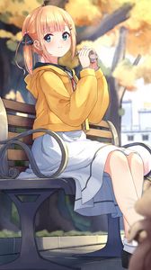 Preview wallpaper girl, sandwich, bench, anime