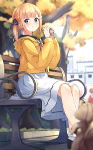 Preview wallpaper girl, sandwich, bench, anime