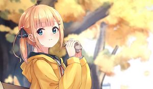 Preview wallpaper girl, sandwich, bench, anime