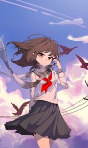 Preview wallpaper girl, scarf, birds, wind, anime