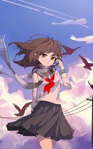 Preview wallpaper girl, scarf, birds, wind, anime