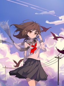 Preview wallpaper girl, scarf, birds, wind, anime