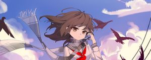 Preview wallpaper girl, scarf, birds, wind, anime