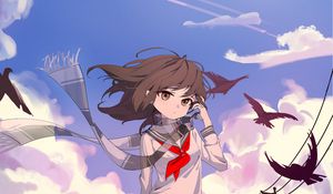 Preview wallpaper girl, scarf, birds, wind, anime