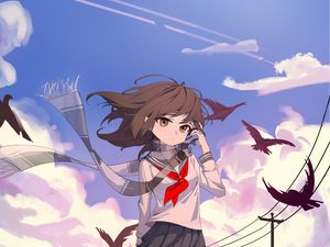 Preview wallpaper girl, scarf, birds, wind, anime