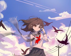 Preview wallpaper girl, scarf, birds, wind, anime