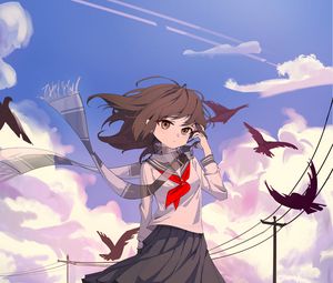 Preview wallpaper girl, scarf, birds, wind, anime