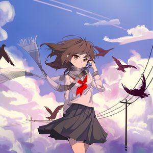 Preview wallpaper girl, scarf, birds, wind, anime