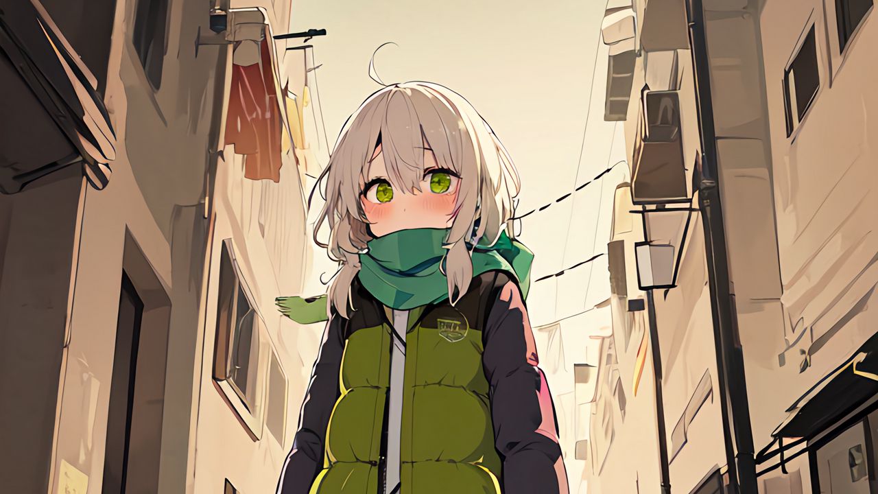 Wallpaper girl, scarf, building, street, anime