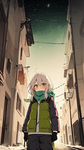 Preview wallpaper girl, scarf, building, street, anime