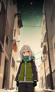 Preview wallpaper girl, scarf, building, street, anime