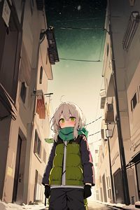 Preview wallpaper girl, scarf, building, street, anime