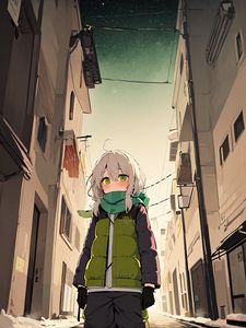 Preview wallpaper girl, scarf, building, street, anime