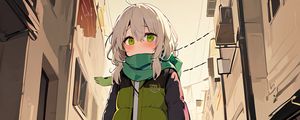 Preview wallpaper girl, scarf, building, street, anime