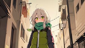 Preview wallpaper girl, scarf, building, street, anime