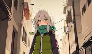 Preview wallpaper girl, scarf, building, street, anime