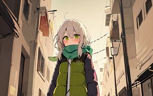 Preview wallpaper girl, scarf, building, street, anime