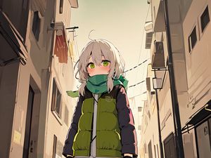 Preview wallpaper girl, scarf, building, street, anime