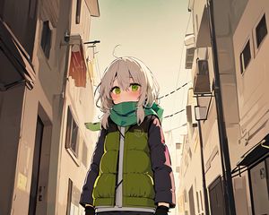 Preview wallpaper girl, scarf, building, street, anime