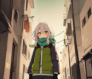Preview wallpaper girl, scarf, building, street, anime