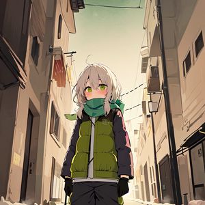 Preview wallpaper girl, scarf, building, street, anime