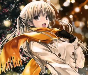 Preview wallpaper girl, scarf, coat, cold, lights, smile
