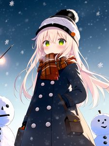 Preview wallpaper girl, scarf, coat, winter, anime