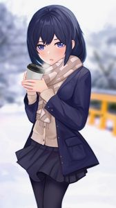 Preview wallpaper girl, scarf, cup, coffee, winter, anime