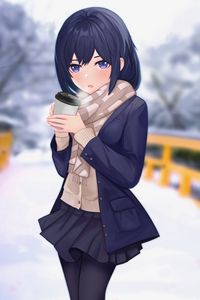 Preview wallpaper girl, scarf, cup, coffee, winter, anime