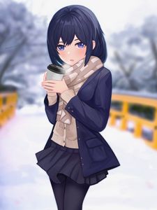 Preview wallpaper girl, scarf, cup, coffee, winter, anime