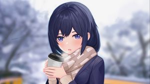 Preview wallpaper girl, scarf, cup, coffee, winter, anime