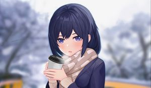 Preview wallpaper girl, scarf, cup, coffee, winter, anime