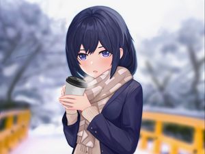 Preview wallpaper girl, scarf, cup, coffee, winter, anime