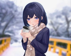 Preview wallpaper girl, scarf, cup, coffee, winter, anime