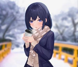 Preview wallpaper girl, scarf, cup, coffee, winter, anime