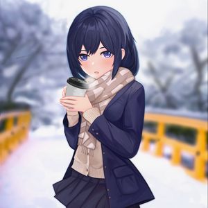 Preview wallpaper girl, scarf, cup, coffee, winter, anime