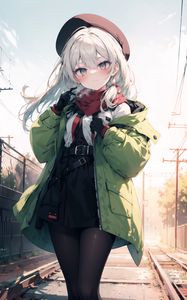 Preview wallpaper girl, scarf, gloves, railroad, anime, art