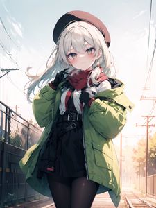 Preview wallpaper girl, scarf, gloves, railroad, anime, art