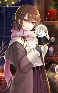 Preview wallpaper girl, scarf, smile, ball, snow, winter, anime