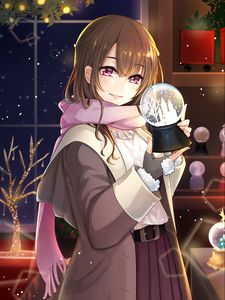 Preview wallpaper girl, scarf, smile, ball, snow, winter, anime