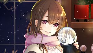 Preview wallpaper girl, scarf, smile, ball, snow, winter, anime