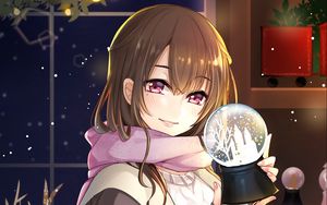 Preview wallpaper girl, scarf, smile, ball, snow, winter, anime