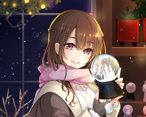 Preview wallpaper girl, scarf, smile, ball, snow, winter, anime