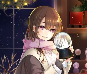 Preview wallpaper girl, scarf, smile, ball, snow, winter, anime