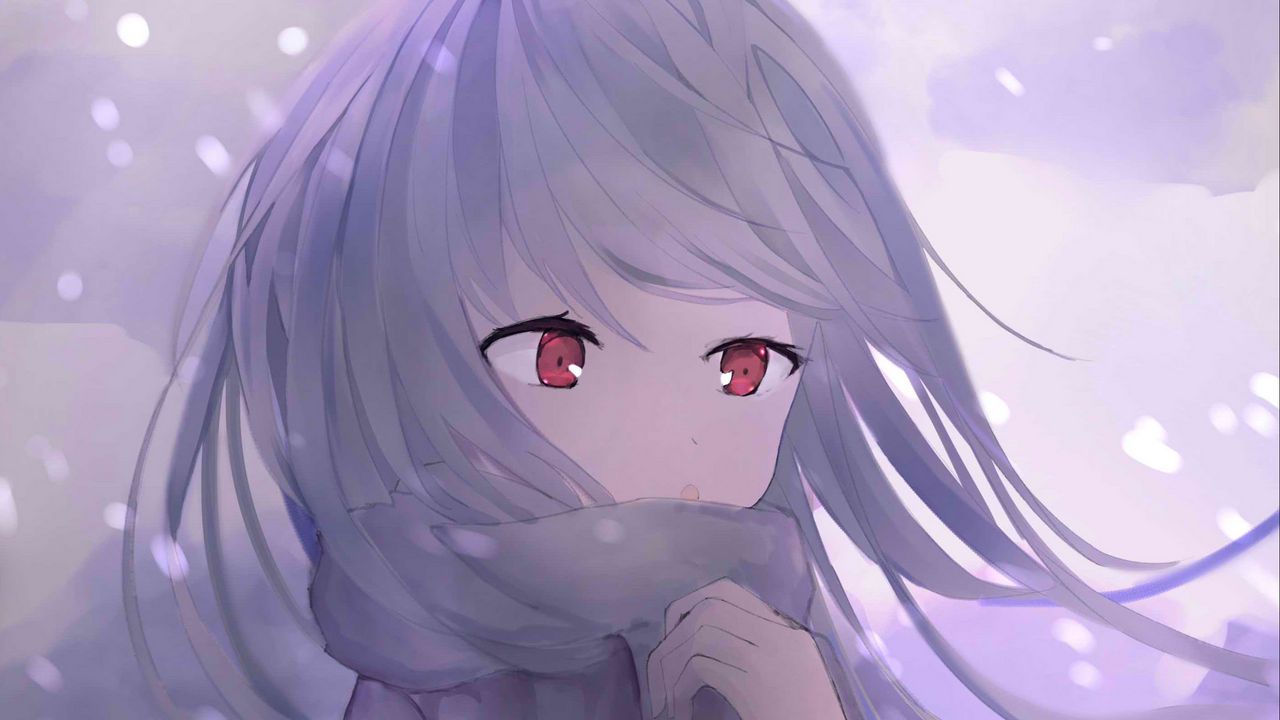 Wallpaper girl, scarf, snow, anime, art